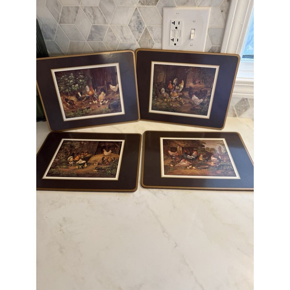 VTG English Life Cork Backed Placemats Farmyard Chickens And Rooster Set Of 4